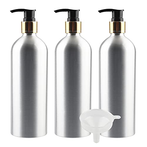 ZEOABSY 3 Stück 500 ml Leere Silber Aluminum Flasche mit Seifenspender Lotion-Spender Gelspender zum befüllen für Cremigen Substanzen Badzubehör 500ml Lotion-Pumpen Schwarz Pump mit Gold Ring von ZEOABSY