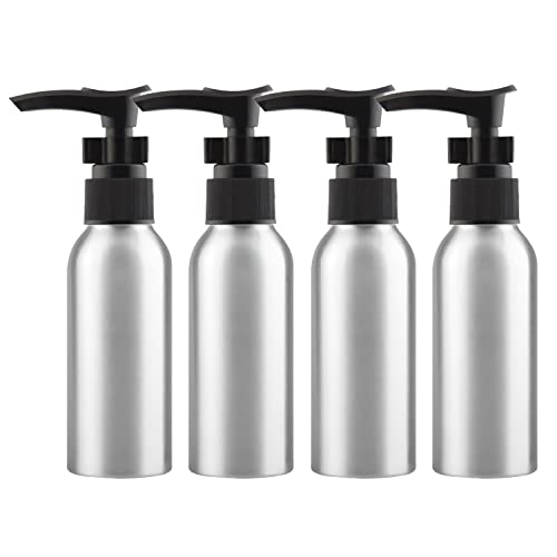 ZEOABSY 4 Stück 100 ml Leere Silber Aluminium Flasche mit Seifenspender, Lotionspender Gelspender mit Schwarz Verriegelungsclip Pumpenkopf zum befüllen für Kosmetik Shampoo Badezimmer Reisen von ZEOABSY