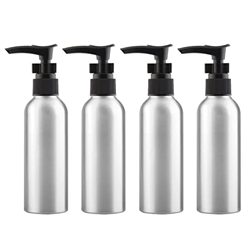 ZEOABSY 4 Stück 120 ml Leere Silber Aluminium Flasche mit Seifenspender, Lotionspender Gelspender mit Schwarz Verriegelungsclip Pumpenkopf zum befüllen für Kosmetik Shampoo Badezimmer Reisen von ZEOABSY