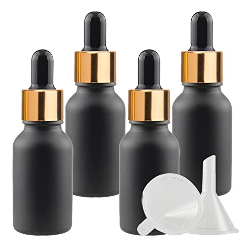 ZEOABSY 4 Stück 15 ml Gefrostet Schwarzglas Pipettenflasche mit Gold Pipettenring, Leere Schwarz Glasflasche Glastropfer Glaspipette Tropfflaschen für Ätherische Öle Aromatherapie von ZEOABSY