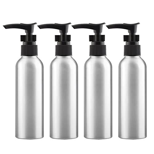 ZEOABSY 4 Stück 150 ml Leere Silber Aluminium Flasche mit Seifenspender, Lotionspender Gelspender mit Schwarz Verriegelungsclip Pumpenkopf zum befüllen für Kosmetik Shampoo Badezimmer Reisen von ZEOABSY