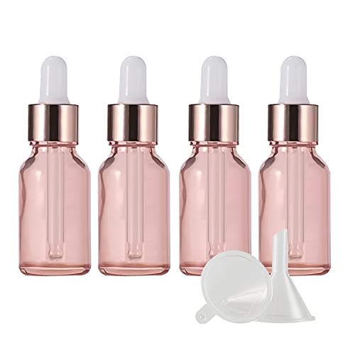 ZEOABSY 4 Stück 15ml Leere Rosa Pipettenflasche mit Rosa Pipettenring,Glasflasche Glaspipette Tropfpipetten für Aromatherapie ätherische Öle Dosierung Lagerung flüssiger Substanzen. + 1x Trichter von ZEOABSY