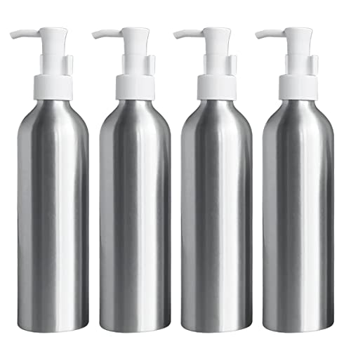 ZEOABSY 4 Stück 250 ml Leere Rund Silber Aluminium Flasche mit Seifenspender, Gelspender Lotionspender mit Verriegelungsclip Pumpenkopf zum befüllen für Kosmetik Substanzen Cremigen,Lotionen Reisen von ZEOABSY