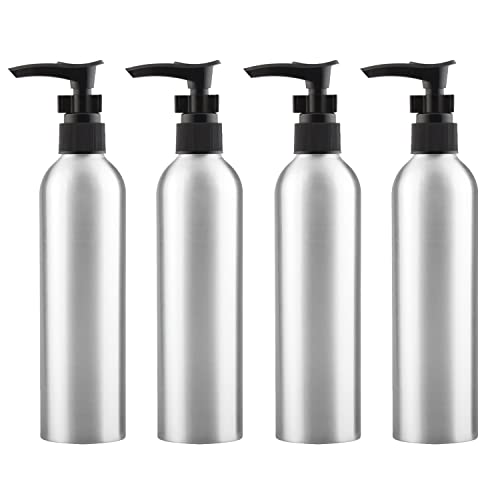 ZEOABSY 4 Stück 250 ml Leere Silber Aluminium Flasche mit Seifenspender, Lotionspender Gelspender mit Schwarz Verriegelungsclip Pumpenkopf zum befüllen für Kosmetik Shampoo Badezimmer Reisen von ZEOABSY