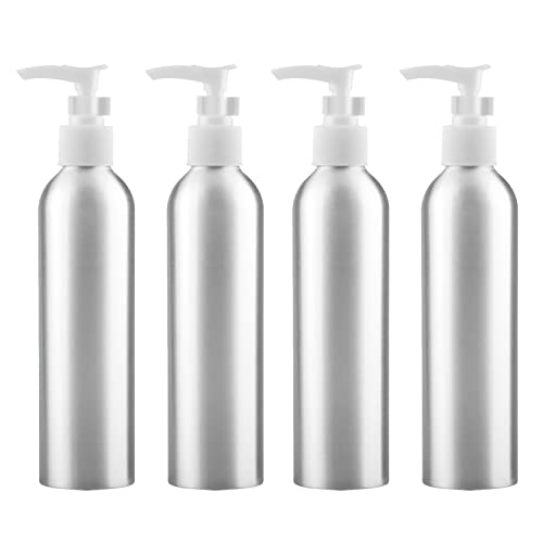 ZEOABSY 4 Stück 250 ml Leere Silber Aluminium Flasche mit Seifenspender, Lotionspender Gelspender mit Weiß Verriegelungsclip Pumpenkopf zum befüllen für Kosmetik Shampoo Badezimmer Reisen von ZEOABSY