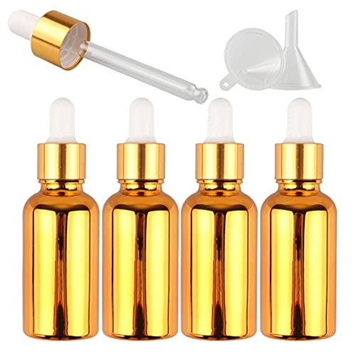 ZEOABSY 4 Stück 30ml Chrom Gold Pipettenflasche mit Gold Pipettenring,Glasflasche Tropfpipetten für Aromatherapie ätherische Öle Dosierung und Lagerung + 1x Trichter von ZEOABSY
