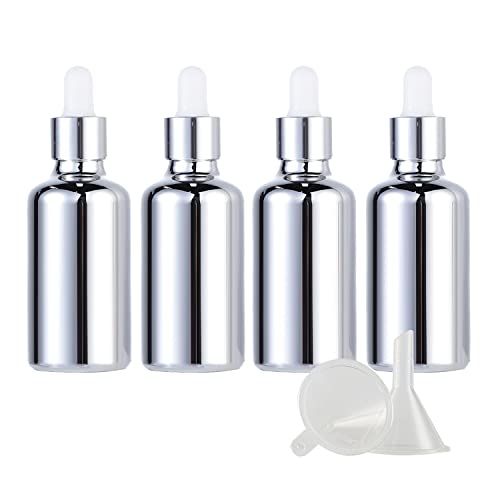 ZEOABSY 4 Stück 30ml Chrom Silber Pipettenflasche mit Silber Pipettenring,Glasflasche Tropfpipetten für Aromatherapie ätherische Öle Dosierung und Lagerung flüssiger Substanzen. + 1x Trichter von ZEOABSY