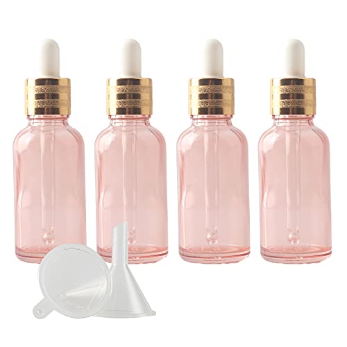 ZEOABSY 4 Stück 30ml Leere Rosa Pipettenflasche mit Gold Pipettenring, Glaspipette Tropfpipetten für Aromatherapie ätherische Öle Dosierung Lagerung flüssiger Glasflasche + 1x Trichter von ZEOABSY