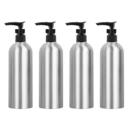 ZEOABSY 4 Stück 500 ml Leere Silber Aluminium Flasche mit Seifenspender, Lotionspender Gelspender mit Schwarz Verriegelungsclip Pumpenkopf zum befüllen für Kosmetik Shampoo Badezimmer Reisen von ZEOABSY