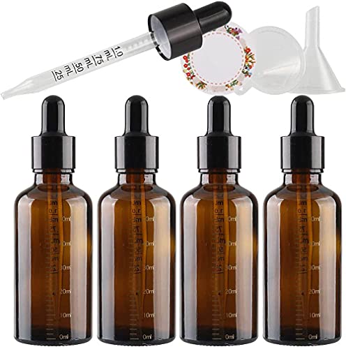 ZEOABSY 4 Stück 50ml Leer Braun Abgestufter Tropfflaschen mit Messpipetten, 1x Trichter 4X Etikette,Pipettenflaschen Braunglas Glasflasche, 50 ml Glasfläschchen mit Pipetten Glaspipette/Tropfpipette von ZEOABSY