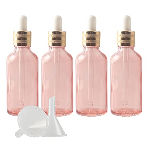 ZEOABSY 4 Stück 50ml Leere Rosa Pipettenflasche mit Gold Pipettenring, Glaspipette Tropfpipetten für Aromatherapie ätherische Öle Dosierung Lagerung flüssiger Glasflasche + 1x Trichter von ZEOABSY