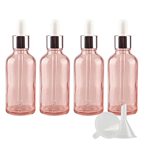 ZEOABSY 4 Stück 50ml Leere Rosa Pipettenflasche mit Rosa Pipettenring,Glasflasche Glaspipette Tropfpipetten für Aromatherapie ätherische Öle Dosierung Lagerung flüssiger Substanzen. + 1x Trichter von ZEOABSY