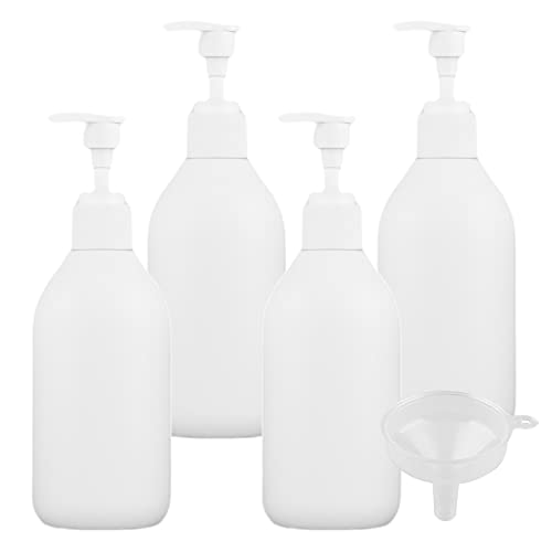 ZEOABSY 4 Stück Leere 300 ml Kunststoff Weiß Seifenspender, 300ml Lotionspender Flasche mit Gelspender Pumpflasche zum befüllen für Shampoo Badezimmer Hotel Lotion, Gel mit Trichter von ZEOABSY