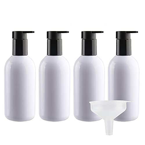 ZEOABSY 4 Stück Leere Weiß Flaschen aus PET-Kunststoff 300 ml Leere Flaschen Seifenspender Lotionspender Badzubehör mit Weißen Lotion-Pumpen + 1 x Trichter von ZEOABSY