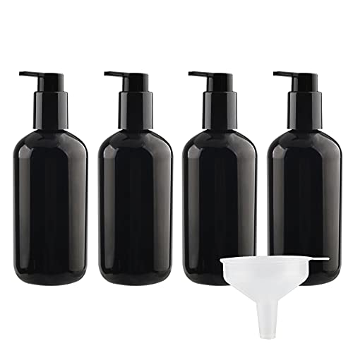 ZEOABSY 4 Stück Leere Schwarz Flaschen aus PET-Kunststoff 300 ml Leere Flaschen Seifenspender Lotionspender Badzubehör mit Weißen Lotion-Pumpen + 1 x Trichter von ZEOABSY