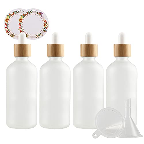 ZEOABSY 4 Stück Matt transparent Pipettenflasche mit Bambus Pipettenring, 100ml Glasflasche Glaspipette Tropfpipetten für Ätherisches Öl,Aromatherapie, Massage, Duftöl Probe + Trichter von ZEOABSY