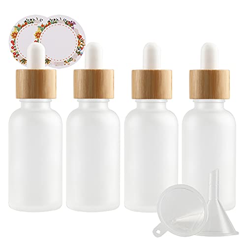 ZEOABSY 4 Stück Matt transparent Pipettenflasche mit Bambus Pipettenring, 30ml Glasflasche Glaspipette Tropfpipetten für Ätherisches Öl,Aromatherapie, Massage, Duftöl Probe + Trichter von ZEOABSY