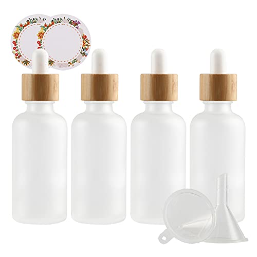 ZEOABSY 4 Stück Matt transparent Pipettenflasche mit Bambus Pipettenring, 50ml Glasflasche Glaspipette Tropfpipetten für Ätherisches Öl,Aromatherapie, Massage, Duftöl Probe + Trichter von ZEOABSY