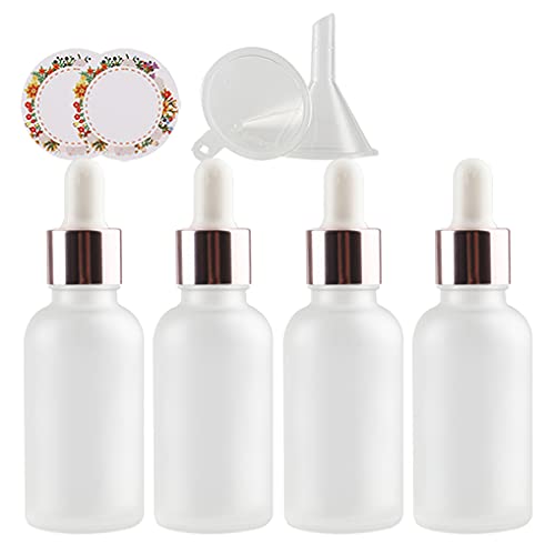 ZEOABSY 4 Stück Matt transparent Pipettenflasche mit Rosa Pipettenring, 30ml Glasflasche Glaspipette Tropfpipetten für Ätherisches Öl,Aromatherapie, Massage, Duftöl Probe +Trichter von ZEOABSY