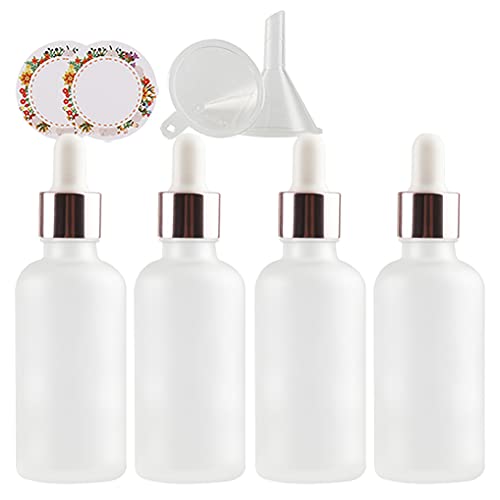 ZEOABSY 4 Stück Matt transparent Pipettenflasche mit Rosa Pipettenring, 50ml Glasflasche Glaspipette Tropfpipetten für Ätherisches Öl,Aromatherapie, Massage, Duftöl Probe +Trichter von ZEOABSY