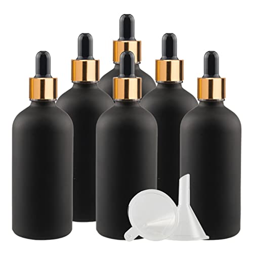 ZEOABSY 6 Stück 100 ml Gefrostet Schwarzglas Pipettenflasche mit Gold Pipettenring, Leere Schwarz Glasflasche Glastropfer Glaspipette Tropfflaschen für Ätherische Öle Aromatherapie von ZEOABSY