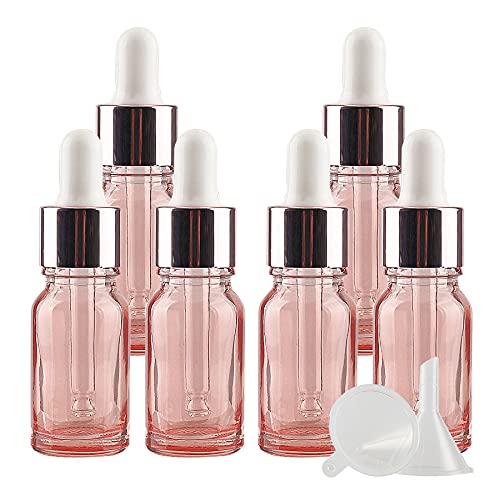 ZEOABSY 6 Stück 10ml Leere Rosa Pipettenflasche mit Rosa Pipettenring,Glasflasche Glaspipette Tropfpipetten für Aromatherapie ätherische Öle Dosierung Lagerung flüssiger Substanzen. + 1x Trichter von ZEOABSY