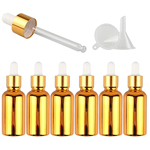 ZEOABSY 6 Stück 30ml Chrom Gold Pipettenflasche mit Gold Pipettenring,Glasflasche Tropfpipetten für Aromatherapie ätherische Öle Dosierung und Lagerung + 2x Trichter von ZEOABSY
