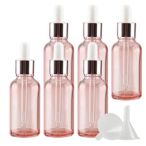 ZEOABSY 6 Stück 30ml Leere Rosa Pipettenflasche mit Rosa Pipettenring,Glasflasche Glaspipette Tropfpipetten für Aromatherapie ätherische Öle Dosierung Lagerung flüssiger Substanzen. + 1x Trichter von ZEOABSY