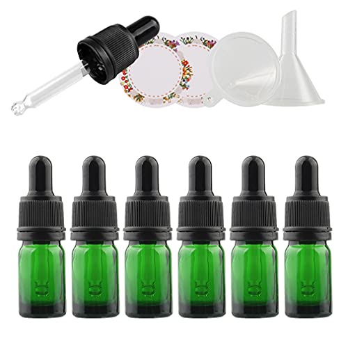 ZEOABSY 6 Stück 5ml Leere Grün Pipettenflasche mit Originalitätsschraubverschluss,Glasflasche Tropfpipetten für Aromatherapie ätherische Öle Dosierung + 1x Trichter von ZEOABSY