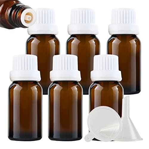 ZEOABSY 6 Stück Leer 15ml Braunglas Flasche mit Tropfmontur Originalitätsverschluss, Tropfflasche Braun mit Weiß Schraubverschluss Glasflaschen für Ätherisches Öle Essenzen Aromatherapie von ZEOABSY