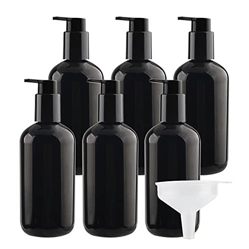 ZEOABSY 6 Stück Leere Schwarz Flaschen aus PET-Kunststoff 300 ml Leere Flaschen Seifenspender Lotionspender Badzubehör mit Weißen Lotion-Pumpen + 1 x Trichter von ZEOABSY