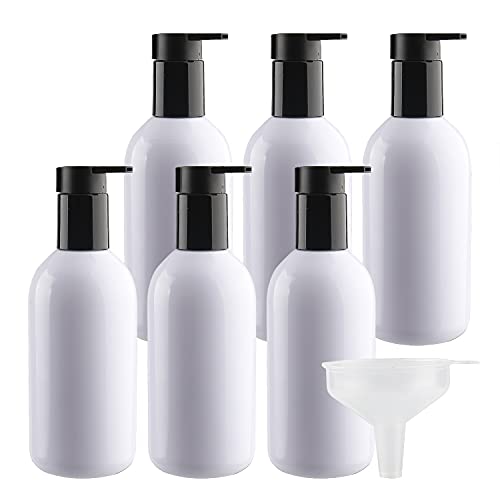 ZEOABSY 6 Stück Leere Weiß Flaschen aus PET-Kunststoff 300 ml Leere Flaschen Seifenspender Lotionspender Badzubehör mit Weißen Lotion-Pumpen + 1 x Trichter von ZEOABSY