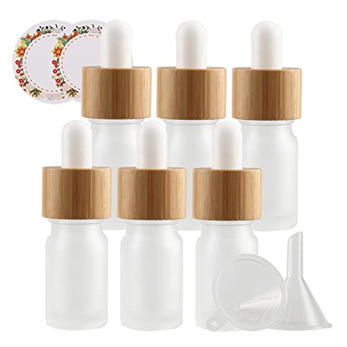 ZEOABSY 6 Stück Matt transparent Pipettenflasche mit Bambus Pipettenring, 5ML Glasflasche Glaspipette Tropfpipetten für Ätherisches Öl,Aromatherapie, Massage, Duftöl Probe + Trichter von ZEOABSY