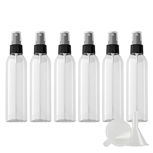 ZEOABSY 6 Stück Transparent Plastik Sprühflaschen mit Weiß Sprüher, 150 ml Leer Kunststoff Nachfüllbar Zerstäuber Sprayflasche Reisen Heim Parfumzerstäuber mit 1 x Trichter von ZEOABSY