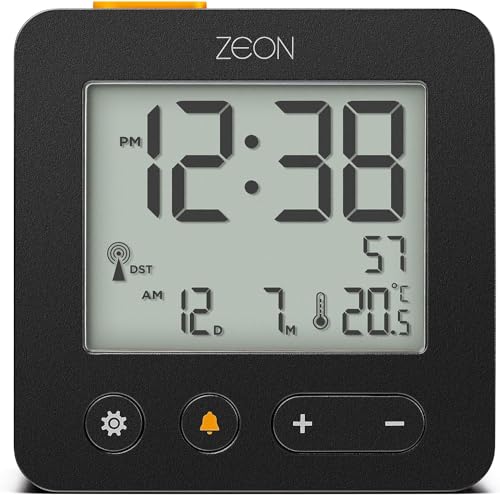 ZEON Digitaler Funkwecker für mitteleuropäische Zeitzone (DCF/GMT+1) mit positiver LCD-Anzeige, Hintergrundbeleuchtung & Temperatur-, Tages- und Datumsanzeige in der Farbe schwarz, CE4557 von ZEON