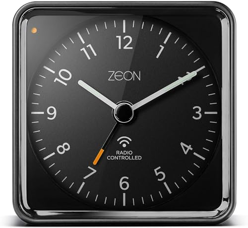 ZEON Funkwecker für mitteleuropäische Zeitzone (DCF/GMT+1) mit Licht- und Schlummerfunktion, geräuschloser, batteriebetriebener Wecker in Schwarz, CE4550-DCF von ZEON