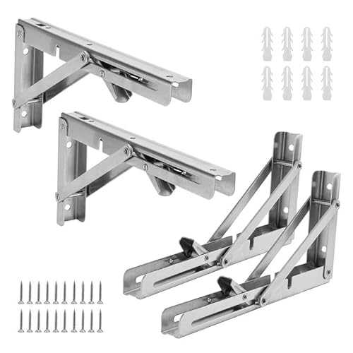 ZEONHAK 4 Stück 25,4 cm faltbare Regalhalterungen, 25 cm Edelstahl, zusammenklappbare Tischhalterung, silberfarben, faltbare Supoort-Wandhalterungen für Werkbank, Klapptisch, DIY-Halterung, maximale von ZEONHAK