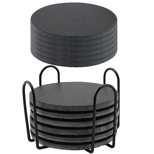ZEONHEI 10,2 cm Schwarze Schiefer-Untersetzer 12 Stück, Schiefer-Untersetzer mit Halterung und Anti-Kratz-Pads, runde Stein-Untersetzer Schiefer-Getränkeuntersetzer Bulk für Hausbar, Küche, Tisch von ZEONHEI