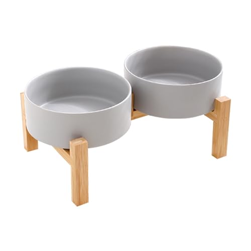 Erhöhtes Keramik-Hundenapf-Set mit stabilem Holzständer, rutschfestes Design, Doppelnapf, Wasserfutter, Futterstation für Haustiere, erhöhtes Keramik-Hunde-Set mit Holzständer von ZEPFJHE