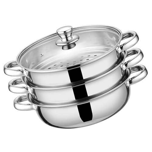 Stapelbare 3-lagige Dampfgarer mit belüftetem Glasdeckel, ofenfest, Kochgeschirr für Meeresfrüchte, Gemüse, Knödel, Dampfgarer für Nudeln und Knödel von ZEPFJHE