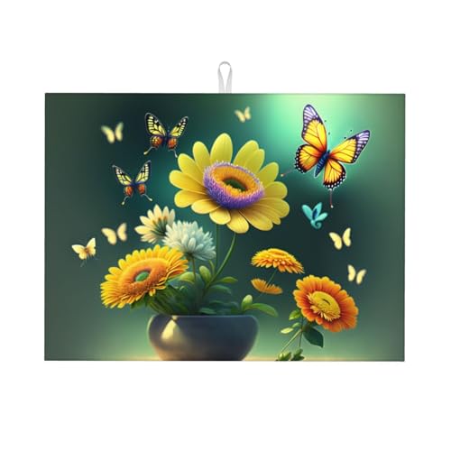 Schöne Schmetterlings-Blumen-Trockenpads für Geschirr, Abtropfmatte, tragbare Mikrofaser-Abtropfmatten für Küchenarbeitsplatte, 45,7 x 53,3 cm, saugfähig, wendbar, schnell trocknend, leicht zu von ZERAOKE