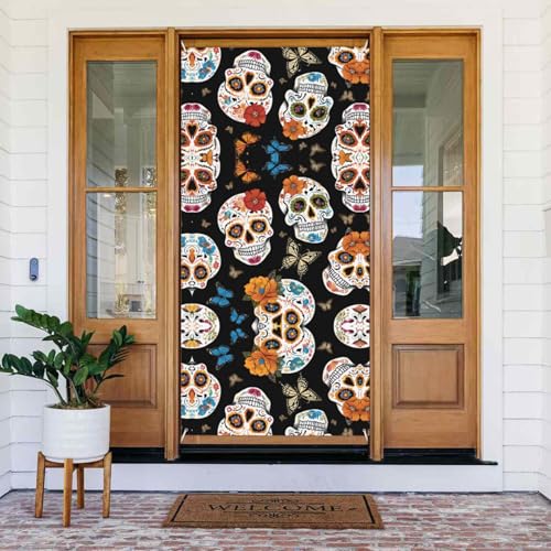 Sugar Skulls - Festliches Türbanner mit Seil, wiederverwendbare Feiertagstürabdeckung für Halloween, Weihnachten, Polyester, Outdoor-Dekoration, Geschenk Sugar Skulls - Festliches Türbanner mit Seil, wiederverwendbare Feiertagstürabdeckung für Halloween, Weihnachten, Polyester, Outdoor-Dekoration, Geschenk von ZERAOKE