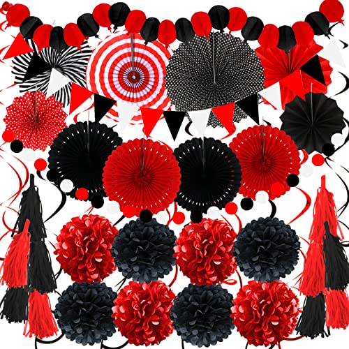 ZERODECO Party Deko, 41 Stück Schwarz Rot Party Dekoration Papier Pompoms Girlande für Jungen Mädchen Frauen Geburtstag Hochzeiten Abschlussfeier Babyparty Partydekorationen von ZERODECO