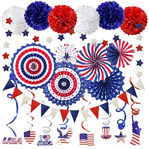 ZERODECO Party Supplies, Marineblau Rot Papier Fans Set Pom Poms Star Streamer Hängende Strudel USA Flagge für 4. Juli Tag Patriotische Dekorationen Geburtstag Hochzeit Abschluss Unabhängigkeitstag von ZERODECO