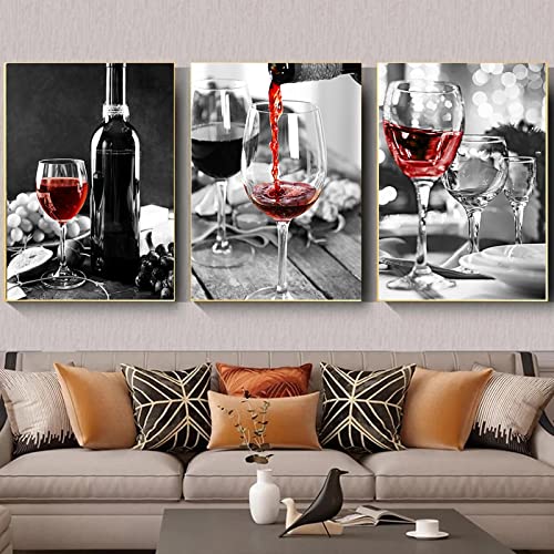 Elegante Kunst Rotwein und Flasche Küche Poster Schwarz Weiß Leinwand Wandkunst Malerei Bilder für Restaurant Dekor 60x80cm(24x31in) x3 Kein Rahmen von ZEROY