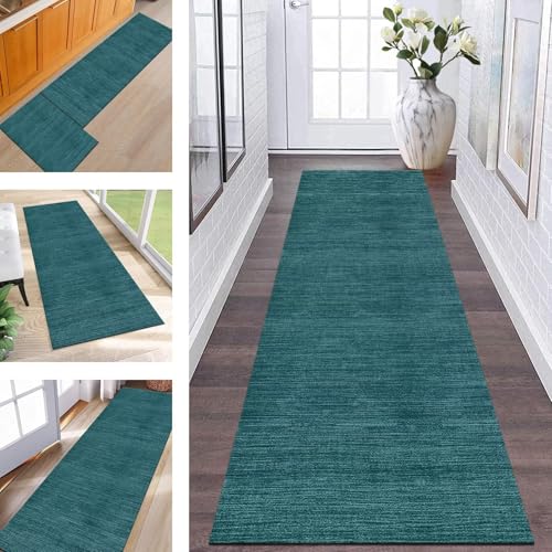ZESEWU Läufer Flur Teppich Abstrakt Küche Waschbar rutschfest Teppichmatten 110X350CM Dunkelcyan Lang Küchenteppich Flurteppich Schlafzimmer Esszimmer Polyester Teppichläufer Meterware Teppich von ZESEWU