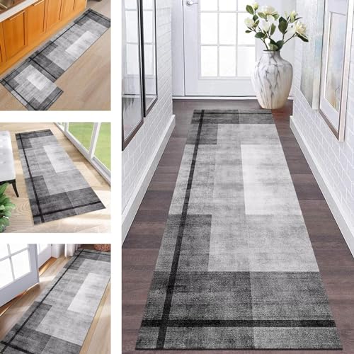 Abstrakte Läufer Flur Küche Waschbar rutschfest Korridor Teppichmatten 120X450CM Grau Schwarz Lang Küchenteppich Flurteppich Läufer Schlafzimmer Esszimmer Polyester Teppichläufer Meterware Anpassbar von ZESEWU