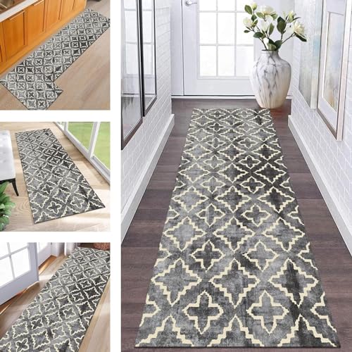 Teppich Läufer Flur Küche Waschbar rutschfest Korridor Teppichmatten 70X250CM Grau Schwarz Boho Lang Küchenteppich Flurteppich Schlafzimmer Esszimmer Polyester Teppichläufer Meterware Anpassbar von ZESEWU