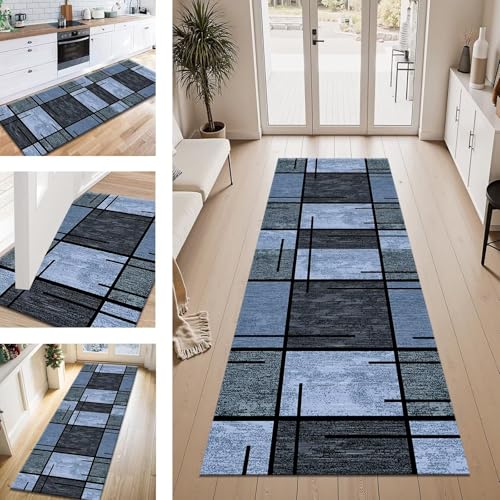 Teppich Läufer Flur Küche rutschfest Blau Cyan Schwarz Teppichläufer Kücheläufer Waschbar 100X400CM Meterware Küchenteppich Läuferflurteppich für Wohnraum Schlafzimmer Kinderzimmer Schmutzfangläufer von ZESEWU