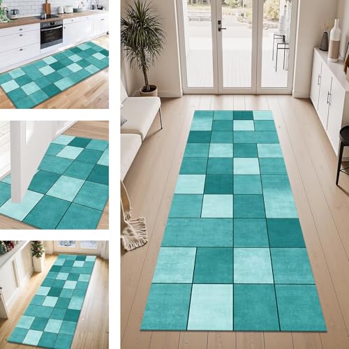 Teppich Läufer Flur Küche rutschfest Cyan Geometrisch Teppichläufer Kücheläufer Waschbar 120X200CM Meterware Küchenteppich Läuferflurteppich für Wohnraum Schlafzimmer Kinderzimmer Schmutzfangläufer von ZESEWU